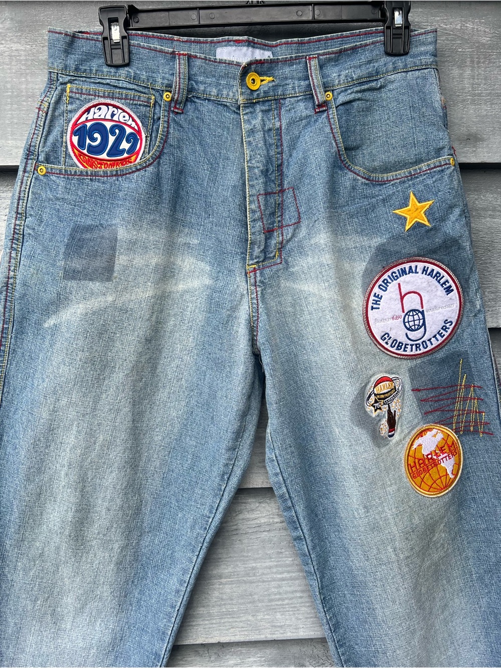 Platinum FUBU Harlem Globetrotters Patch Baggy Jeans Y2K Hip Hop Mens 34/34